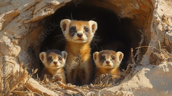Obraz this A mother black-footed ferret and her kits in their burrow in the prairie.