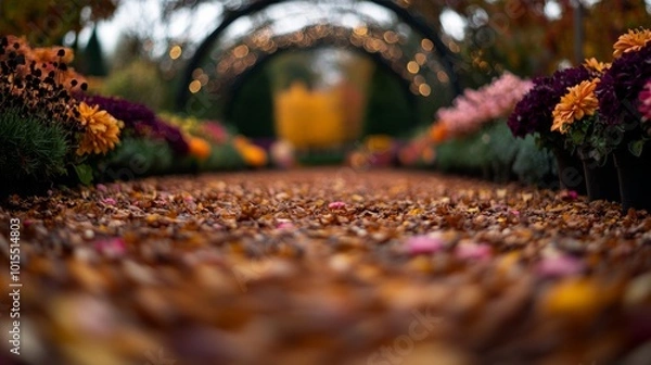 Fototapeta A tranquil garden path is blanketed with colorful autumn leaves, flanked by small pumpkins and blooming mums, leading towards a charming garden archway