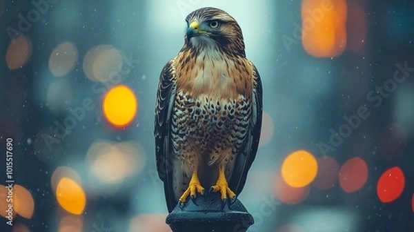 Obraz the A hawk perched on a lamp post overlooking a city intersection.