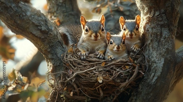 Obraz this A family of squirrels building a nest in an urban oak tree.