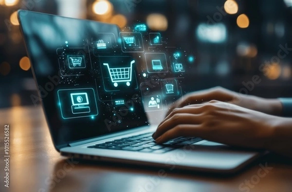 Fototapeta person shops online on their laptop, with shopping icons floating above, focusing on the keyboard.