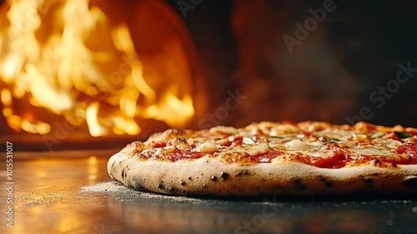 Obraz Delicious pizza fresh out of a wood-fired oven, with melted cheese and smoky flavor.