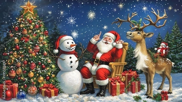 Fototapeta Festive Christmas scene with Santa, reindeer, snowman, and gifts under a sparkling tree in snowy landscape, capturing holiday magic.