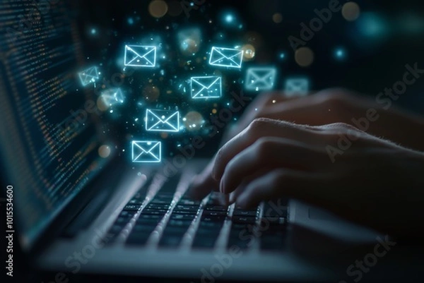 Fototapeta A person types on a laptop with glowing envelopes above, showcasing email marketing in action.