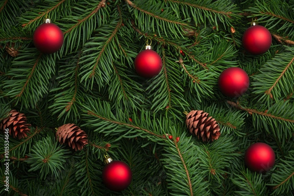 Obraz Christmas tree branches background with festive green holiday foliage for seasonal decoration