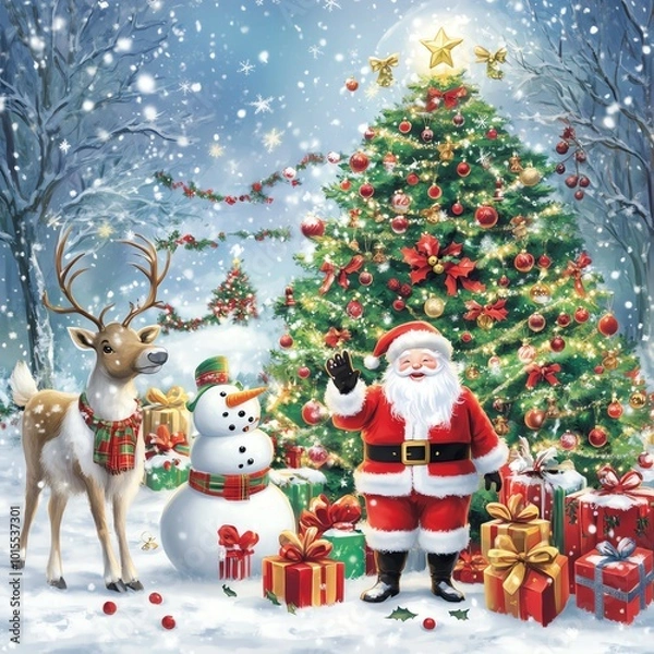 Fototapeta Festive Christmas scene with Santa Claus, a snowman, reindeer, and decorated tree surrounded by gifts on a snowy winter day.