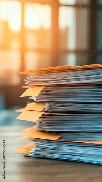 Fototapeta Stack of documents with orange tabs in an office setting, warm light background.