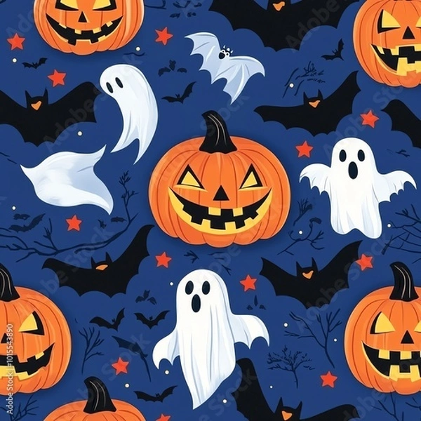 Fototapeta Seamless Halloween pattern with pumpkins, ghosts, bats, and stars on a spooky blue background. Perfect for festive decorations.
