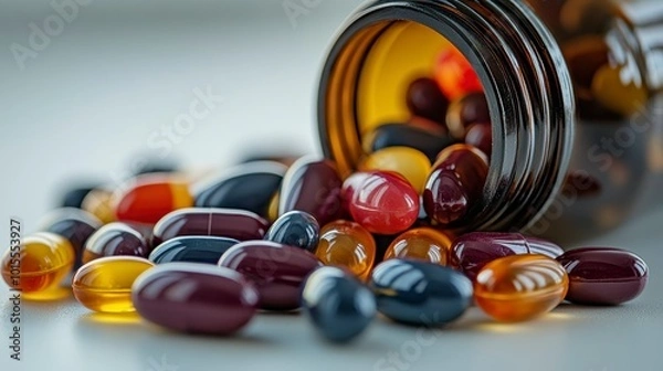 Obraz A bottle of assorted capsules and pills spilled on a surface, highlighting health and wellness.
