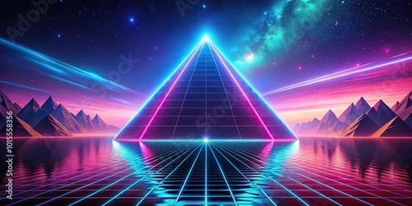 Fototapeta Futuristic neon landscape with glowing pyramid and cosmic background panoramic