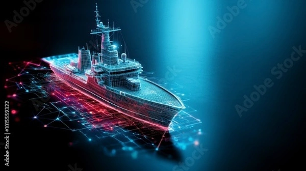 Obraz A digital rendering of a naval ship with a futuristic design and network connections.