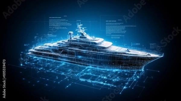 Obraz A digital rendering of a yacht with a futuristic design and technical data overlay.