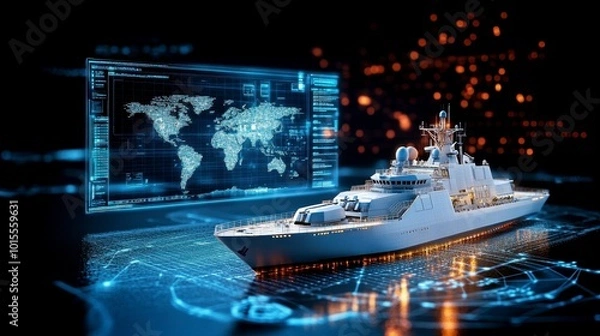 Obraz A digital representation of a naval ship with a global map backdrop, emphasizing technology.