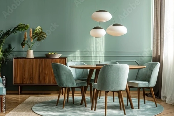 Fototapeta A modern living room with a green wall and wooden furniture, generative ai image