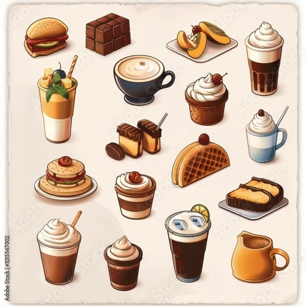Fototapeta Variety of Coffee Beverages and Desserts Illustration - Café Menu Design