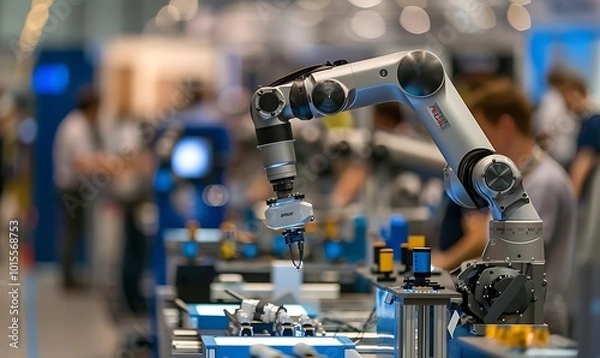 Fototapeta Industrial robot arm working in the factory.