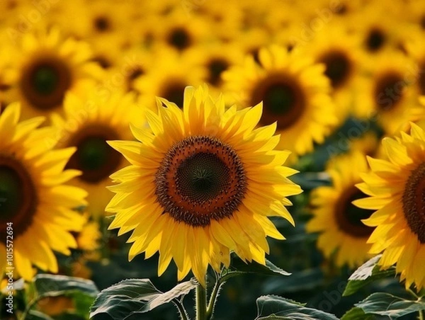 Fototapeta A field of sunflowers stretching as far as the eye can see, all facing the sun
