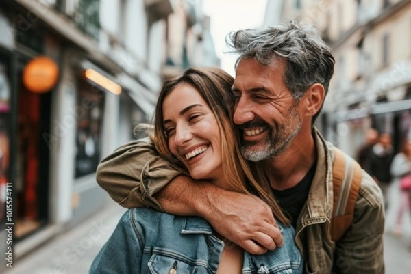 Fototapeta Portrait of a happy mature couple hugging in the city streets.