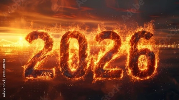 Fototapeta An intense, fiery depiction of the year 2026 burning bright against a dark, city-like backdrop. The glowing flames and reflections create a dramatic and energetic mood, ideal for New Year or