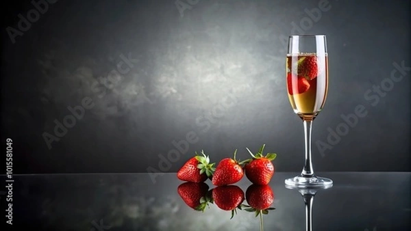 Fototapeta Glass of champagne with strawberries on grey background reflected