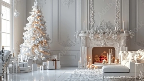 Fototapeta A luxurious white-themed living room adorned with an elegant Christmas tree and decorative fireplace. The room is filled with soft natural light, highlighting the festive decorations and carefully