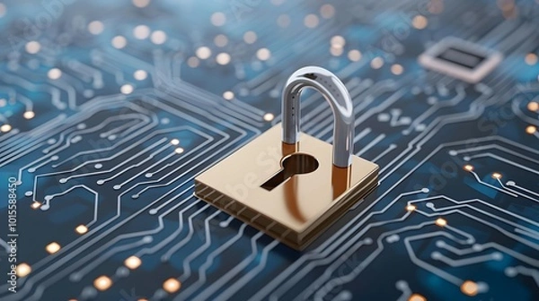 Obraz A gold padlock sits on a circuit board, symbolizing digital security and data protection.