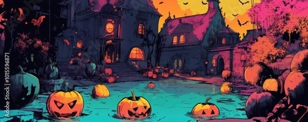 Fototapeta A vibrant Halloween scene featuring glowing pumpkins and an eerie backdrop, perfect for seasonal festivities and decorations.