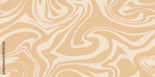 Obraz Beige marble acrylic swirl seamless pattern. Coffee latte, caramel, ice cream texture. 1970s trippy psychedelic waves print background. 