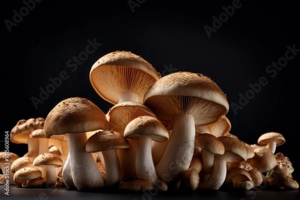 Obraz Fresh Cluster of Mushrooms on Wooden Table in a Dark Ambient Setting