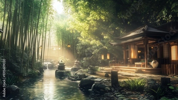 Fototapeta Serene Japanese Zen garden with bamboo trees and traditional house by a tranquil stream under soft sunlight.