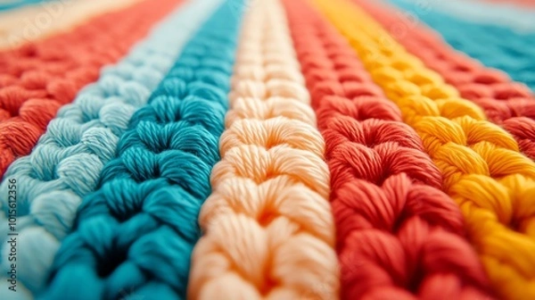 Fototapeta Closeup of detailed crochet stitches forming a textured pattern, vibrant yarn colors, artisan craftsmanship, macro shot