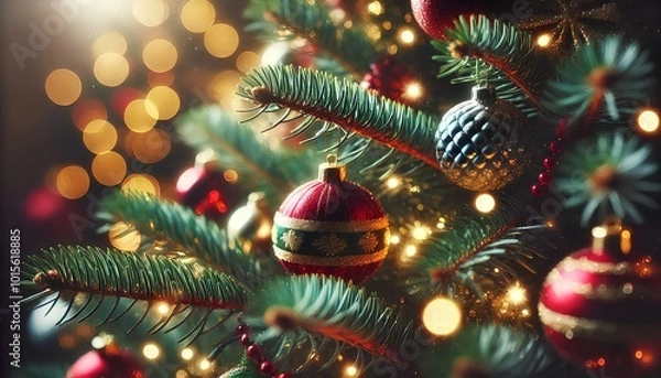 Fototapeta A beautifully decorated Christmas tree adorned with colorful ornaments and twinkling lights, creating a festive atmosphere.