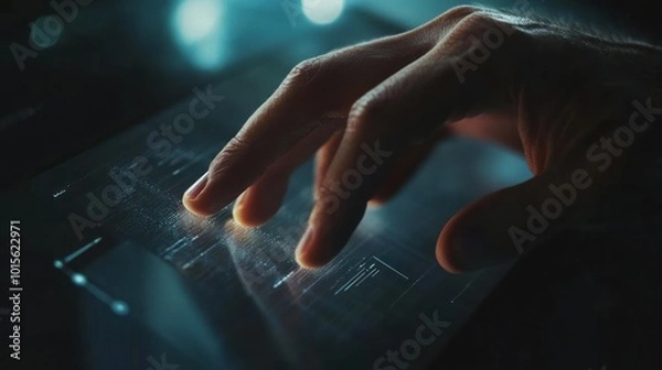 Obraz A hand interacting with a futuristic touchscreen displaying digital data.