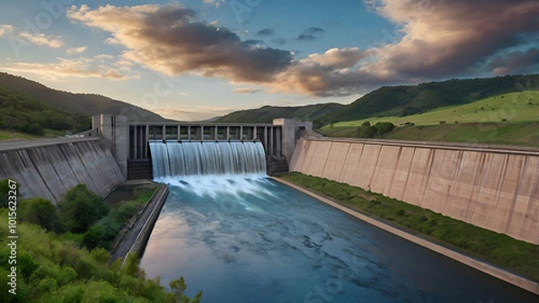 Fototapeta Rendering of a small hydroelectric power station on a mountain river with clear water and green hills around
