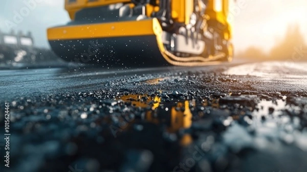 Fototapeta Close-up of a yellow roller compactor on a wet asphalt surface during construction.
