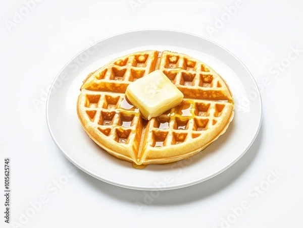 Obraz A single waffle topped with melted butter and a generous drizzle of honey Minimalist style with the waffle centered on a white plate