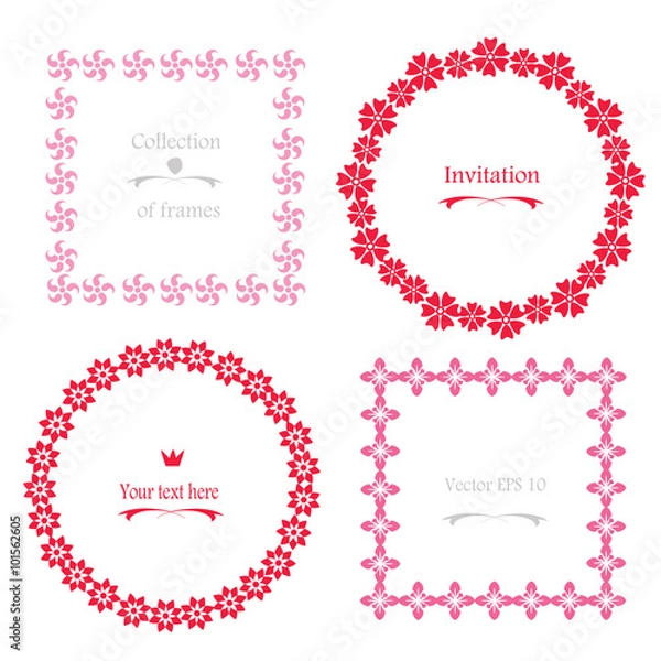 Fototapeta Circle Frames, Square Frames -  set wreath borders with abstract stylized flowers isolated on white.Cute pink and red vintage  garlands for your design, greeting cards, wedding announcements, posters.