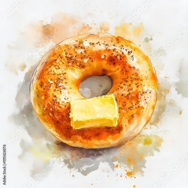 Obraz Bagel with butter flat design front view diner theme watercolor vivid