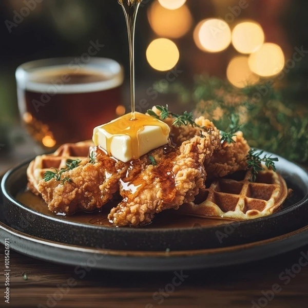 Obraz Classic fried chicken and waffles, drizzled with maple syrup, butter melting on top, set on a rustic wooden table, warm lighting, cozy ambiance