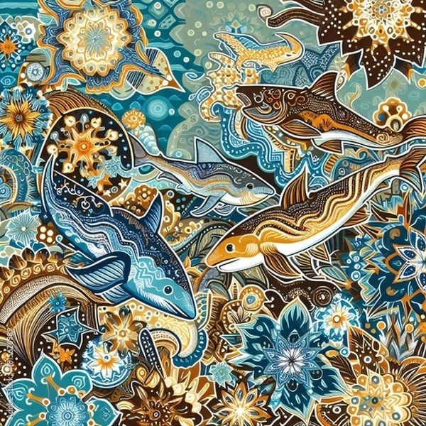 Obraz ocean fish with seamless floral themed