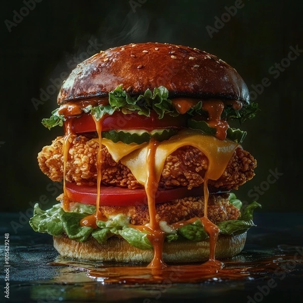 Obraz Fried chicken burger with layers of lettuce, tomato, and cheese, dripping with sauce, dramatic lighting highlighting the textures and freshness