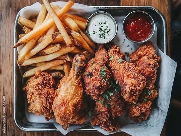 Obraz Fried chicken laid out on a metal tray with fries and dipping sauces, overhead shot, natural daylight pouring in, rustic table setting, subtle shadows emphasizing texture