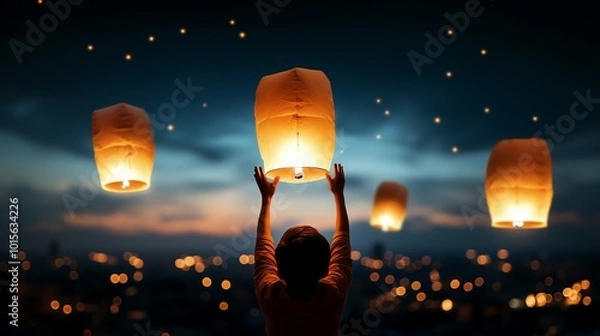 Fototapeta Hands Releasing a Lantern into the Twilight Sky with Lanterns Floating in the Distance