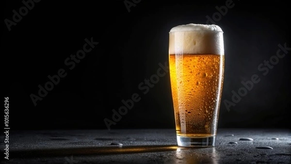 Obraz Glass of cold beer with water drops on black background, craft beer, refreshing, alcoholic beverage, chilled, brewery, foam, pint