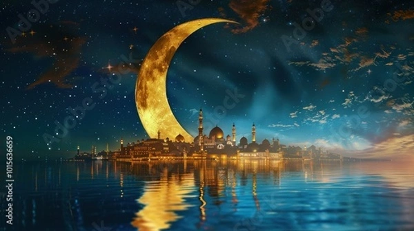 Obraz Crescent Moon Over Mosque Cityscape