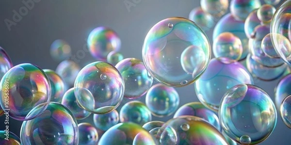 Fototapeta Macro shot of soap bubble cluster on light grey background, soap, bubbles, macro, close-up, cluster, abstract