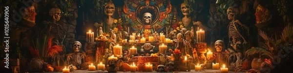 Fototapeta A vibrant altar adorned with candles, skulls, and colorful decorations, representing a traditional celebration of life and death.