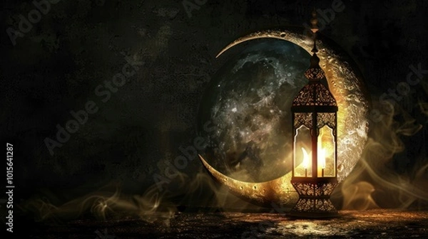 Fototapeta Golden Ramadan Lantern with Crescent Moon