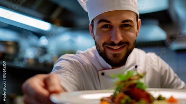 Obraz a chef presenting a beautifully plated dish with a satisfied grin, showcasing the artistry and delight that goes into creating a culinary masterpiece