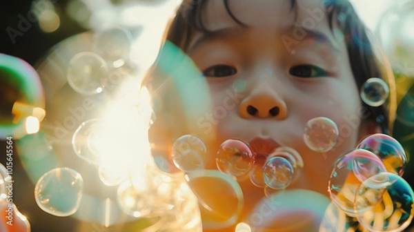 Obraz a child blowing bubbles in a sunlit garden, their innocent joy and fascination with the floating spheres captured in a magical moment
